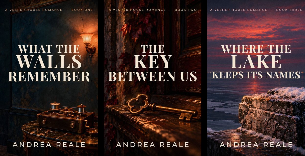 What the Walls Remember, The Key Between Us and Where the Lake Keeps Its Names by Andrea Reale, book covers